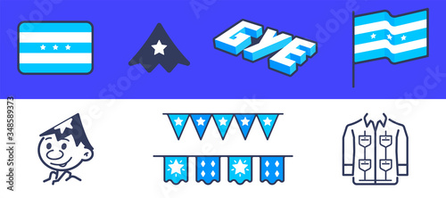 Ecuador, Guayaquil line icon set. Included the icons as pennant, guayabera traditional shirt, juan pueblo, banner and flags. GYE 3D icon, pueblo hay, star flags. Vector illustration symbol. Guayas.  photo