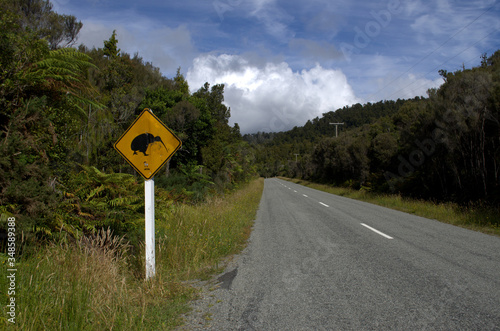 Kiwi roadsign. Caution Kiwi crosssing. West coast, South Island, New Zelaand