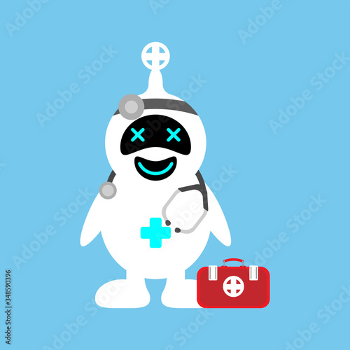 Robot doctor with a medical case. Online Assistant. Flat vector illustration.