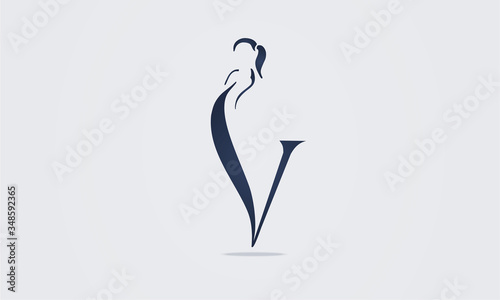 Beauty V letter logotype. Monogram with girl line shape. Woman silhouette