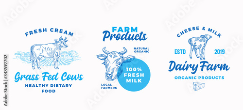 Cow Farm Dairy Logo Templates Set. Abstract Vector Cream and Milk Signs or Symbols. Hand Drawn Domestic Animals, Countryside Landscape and Cheese with Typography Banners or Stickers Bundle.