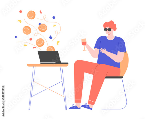 Earning online. Profit and stock trading, dividends from shares. A man with a glass of wine in sunglasses sits with a laptop. Flying coins. Vector flat illustration.