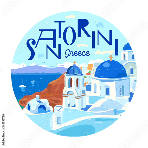 Santorini island, Greece. Beautiful traditional white architecture and Greek Orthodox churches with blue domes over the caldera. The Aegean sea. Round logo. Vector illustration