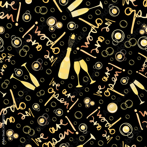 Champagne icons business opening vector seamless pattern background. Text, fizzing bubbles, glasses,bottles black gold backdrop. Elegant sparkling wine repeat. All over print for open shop celebration