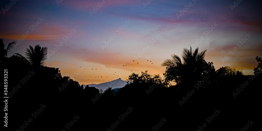 Beautiful dark orange blue sky evening beauty and Clouds between mountains with birds, tree background . Natural