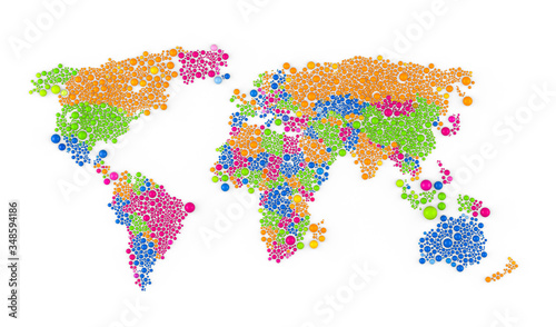 Multicolored raster abstract composition of World Map constructed of spheres items. 3D rendering illustration.