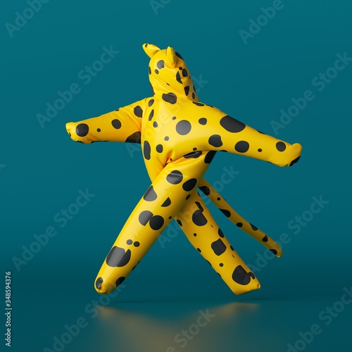 3d render, cute cartoon character walking, yellow leopard with black spots isolated on dark blue background. Funny mascot costume. Inflatable cat toy active pose, catwalk