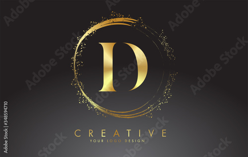 D golden letter logo with golden sparkling rings and dust glitter on a black background. Luxury decorative shiny vector illustration.