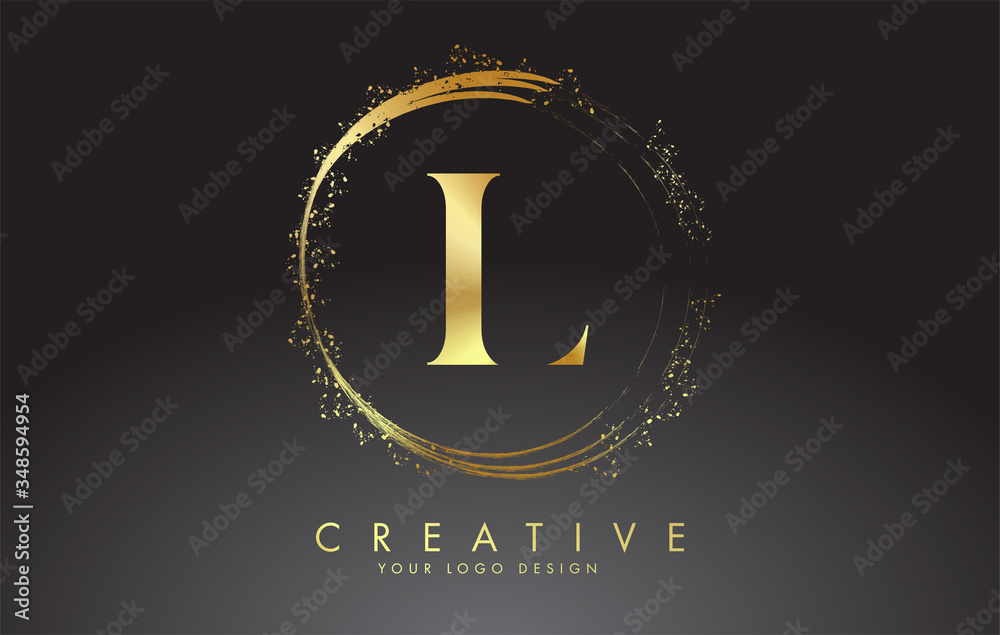 L golden letter logo with golden sparkling rings and dust glitter on a ...