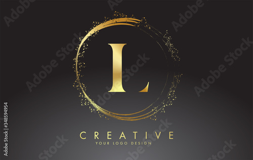L golden letter logo with golden sparkling rings and dust glitter on a black background. Luxury decorative shiny vector illustration.