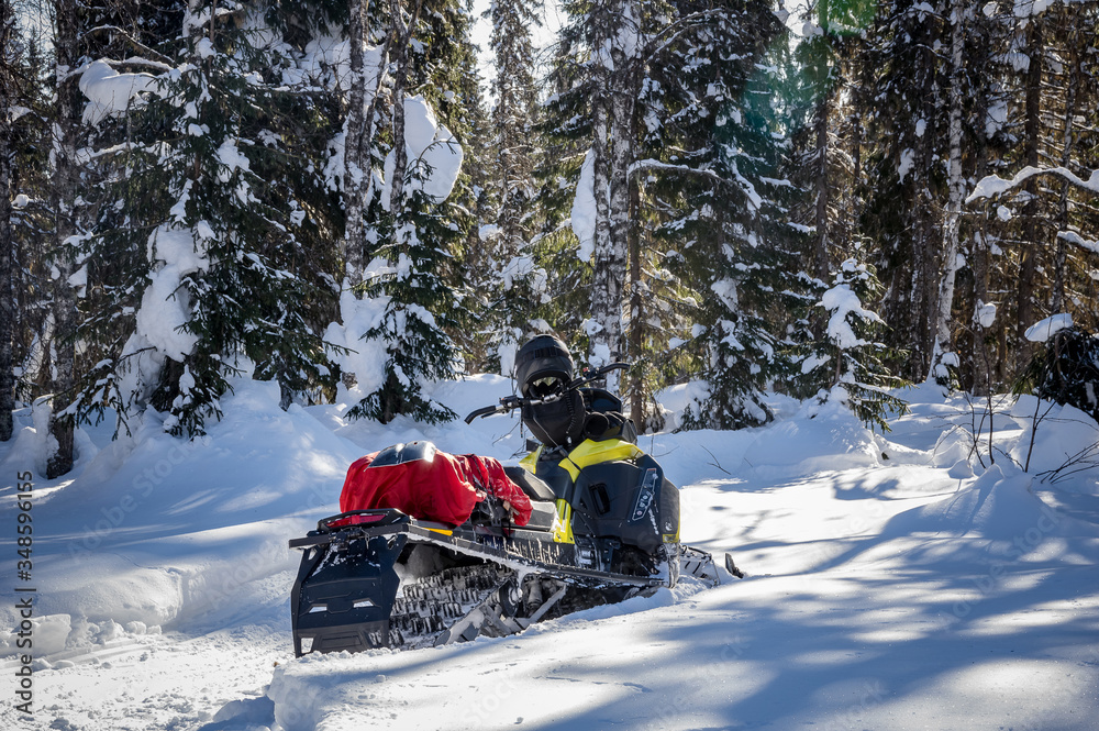 Snowmobile in winter in the taiga. Mountains. Ural