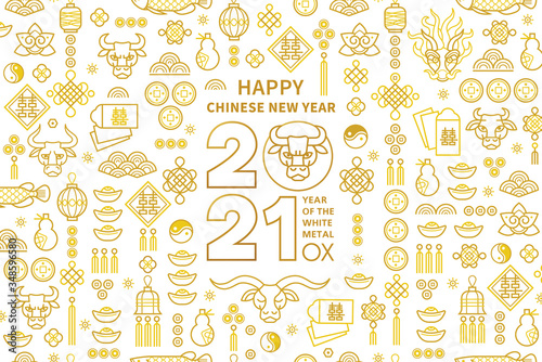 Vector banner, card with a illustration of the Ox Zodiac sign, Symbol of 2021 on the Chinese calendar