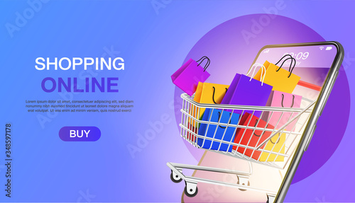 Shopping bags in a trolley out smartphone. shopping online template. mobile application concept. marketing and digital marketing. vector illustration modern design. UI, posters, banners, landing page.