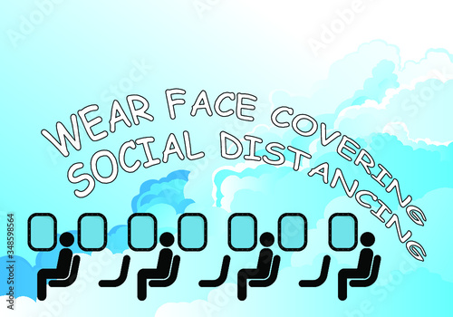 Commercial aircraft passengers practicing social distancing and advised to wear face coverings as countries prepare to unlock restrictions due to pandemic isolated on cloud background 