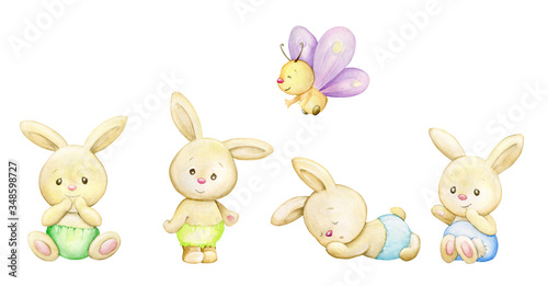 Rabbits, a butterfly. Watercolor animal in cartoon style, on an isolated background.
