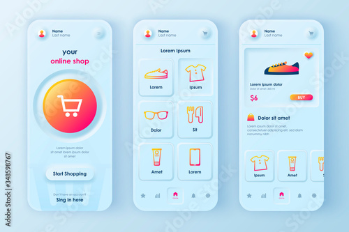 Online shopping unique neomorphic design kit for mobile app neomorphism style. Shopping platform screens with product. Internet marketplace UI, UX template set. GUI for responsive mobile application.