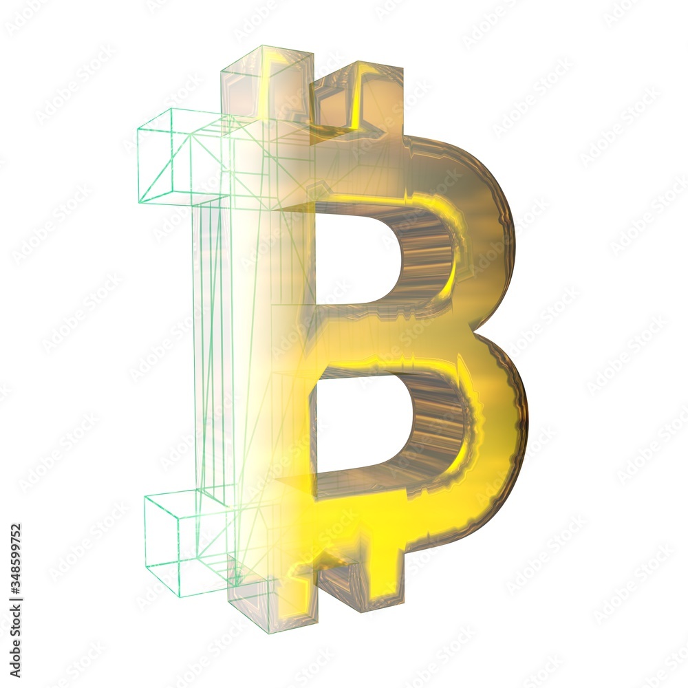 Bitcoin sign, the green grid turns into gold on white background. 3D illustration Bitcoin sign, the green grid turns into gold on white background. 3D illustration