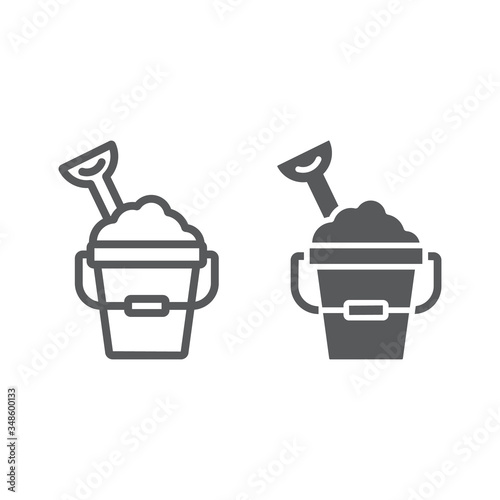 Sand Bucket line and glyph icon, play and beach, toy bucket with shovel sign vector graphics, a linear icon on a white background, eps 10.