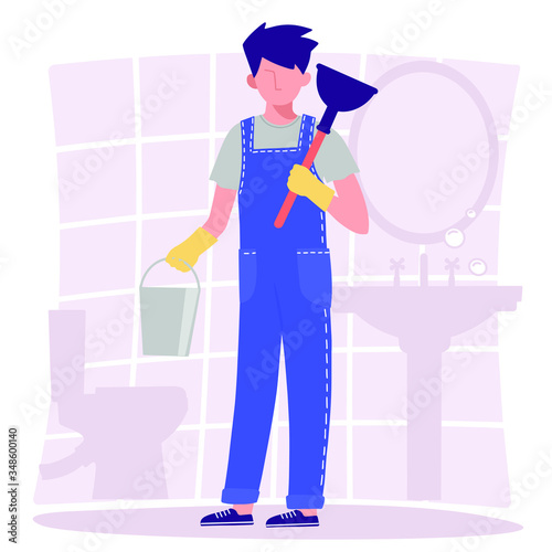 Bathroom. Male plumber in overalls is holding  bucket and a plunger. Vector illustration in the flat design style.
