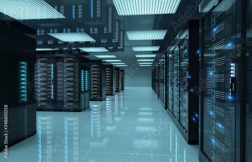 Schilderij op canvas Dark servers center room with computers and storage systems 3D rendering