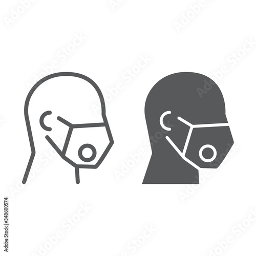 Man in medical respirator mask line and glyph icon, covid-19 and protection, medical mask sign vector graphics, a linear icon on a white background.