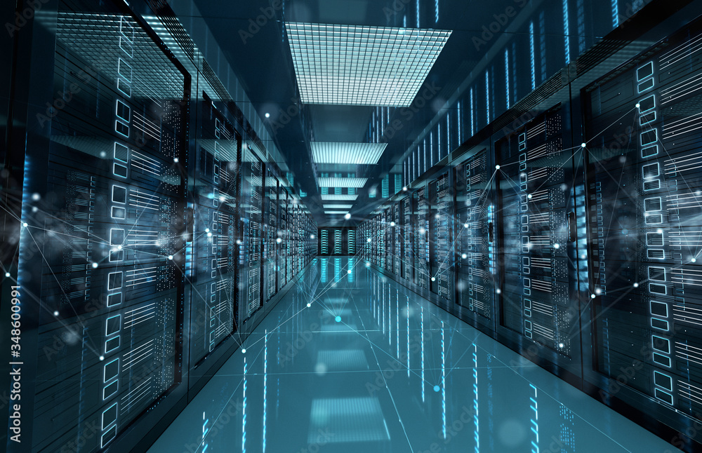 Connection network in servers data center room storage systems 3D rendering Connection network in servers data center room storage systems 3D rendering