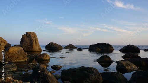 Rocky shore. Beautiful seascape. Composition of nature.