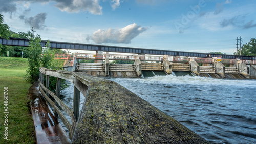 dam, hydro, plant, water, michigan, huron, hydroelectric, river, energy, power, fence, wood photo