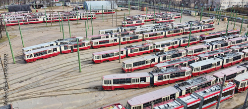 Canvas Print lot of trams in tramway depot