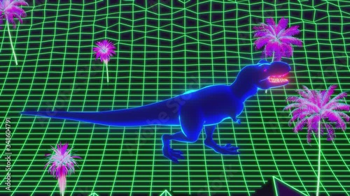 Retrowave style loop animation. T-Rex dinosaur walks through a neon jungle