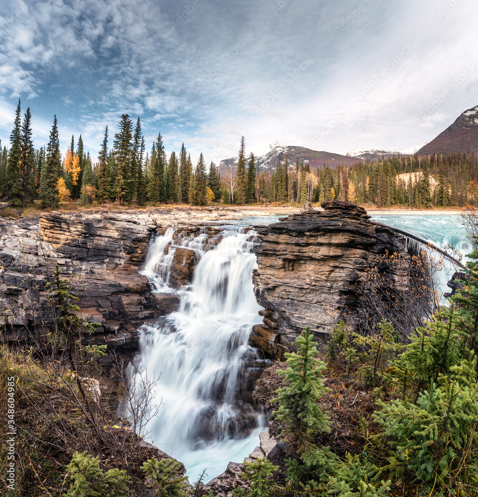 Athabasca Falls rapids flowing is waterfall in Jasper national park