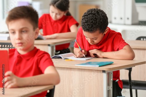 Cute little pupils during lesson in classroom