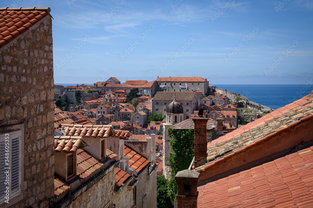 View of the rooftops from a narrow and steep street in Dubrovnik, formerly Ragusa, a city located on the Dalmatian coast, Croatia, Europe