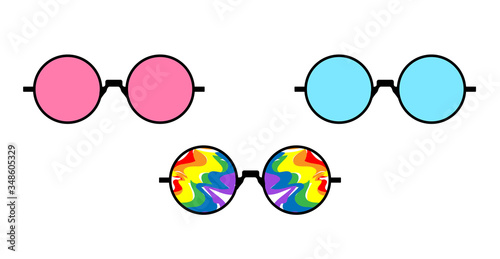 Set of round glasses with LGBT symbols. pink, blue and lgbt flag colors glass in black frame on a white background