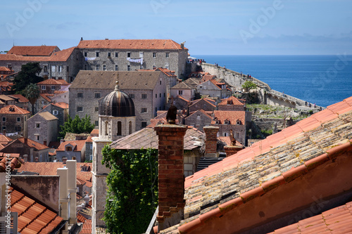 View of the rooftops from a narrow and steep street in Dubrovnik, formerly Ragusa, a city located on the Dalmatian coast, Croatia, Europe