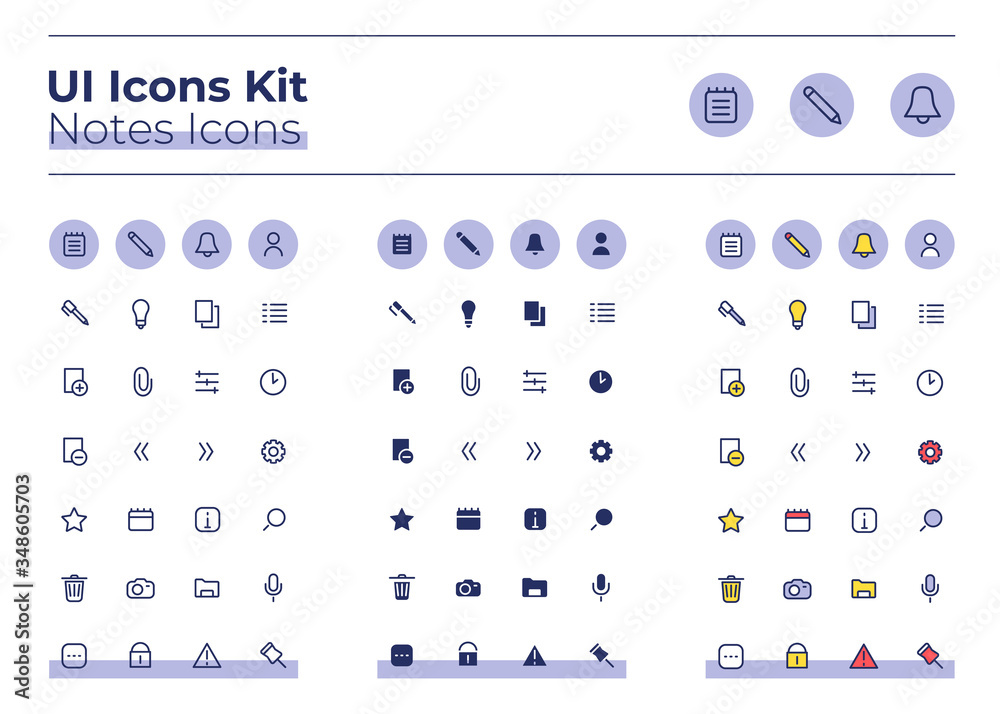 Notes UI icons kit. Private journal thin line, glyph and color vector ...