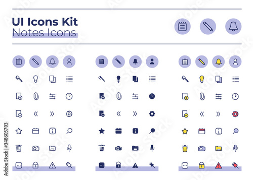 Notes UI icons kit. Private journal thin line, glyph and color vector symbols set. Add image file. Personal diary mobile app buttons in purple circles pack. Web design elements collection
