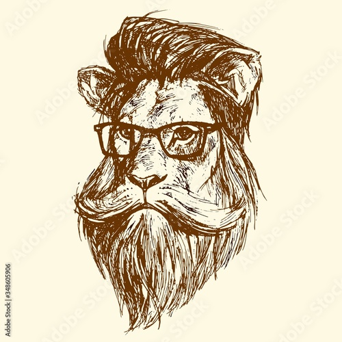 The head of a lion with glasses, drawn in ink.