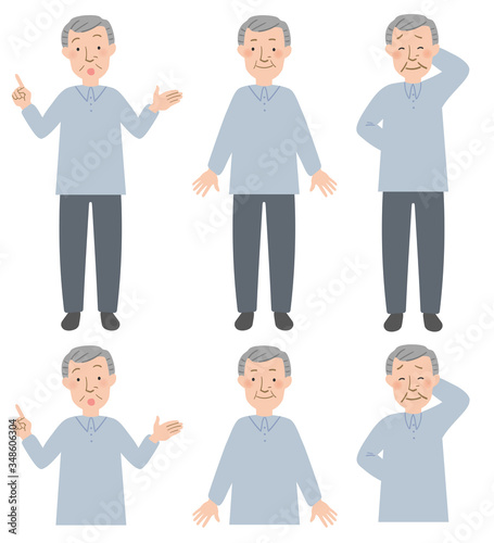 説明する,笑顔の,困り顔で照れているおじいちゃんの上半身と全身のベクターイラストセット