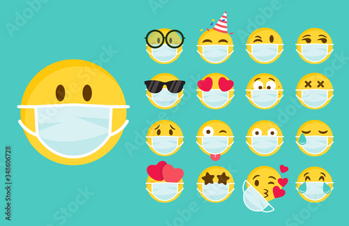 Set of emoji with a medical mask on the face. Different round yellow emoticons protect against the spread of coronavirus. Set of emojis for social networks, self-isolation. Flat vector illustration