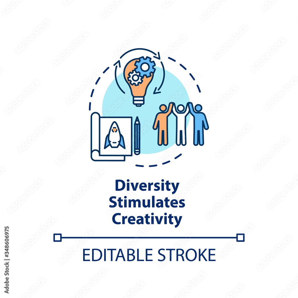 Diversity stimulates creativity concept icon. Productive work in multi national group. Multi cultural team idea thin line illustration. Vector isolated outline RGB color drawing. Editable stroke