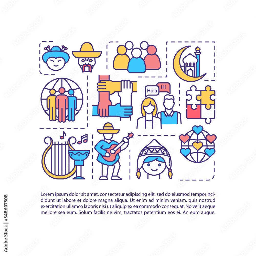 Naklejka premium Multiculturalism concept icon with text. Multiethnic tradition. Multinational historical heritage. PPT page vector template. Brochure, magazine, booklet design element with linear illustrations