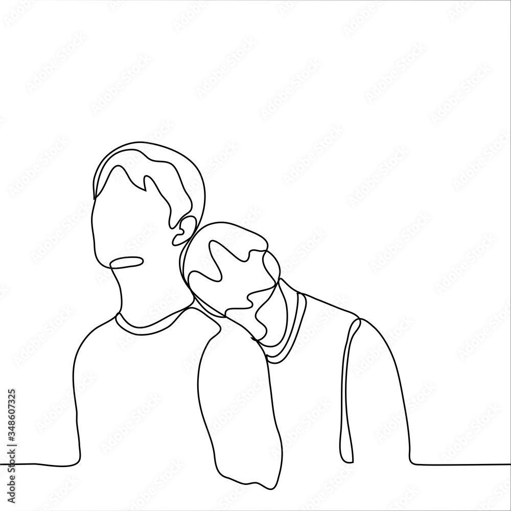 A drawing of two men, one of whom laid his head on the back of the other. The concept of psychological support, physical touch, family ties, love relationships, friendly acceptance A drawing of two men, one of whom laid his head on the back of the other. The concept of psychological support, physical touch, family ties, love relationships, friendly acceptance
