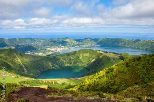 View to Santiago Lake near Green Lake and Blue Lake (Lagoa Verde and Lagoa Azul), Ponta Delgada, Sao Miguel island, Azores, Portugal  © hivaka