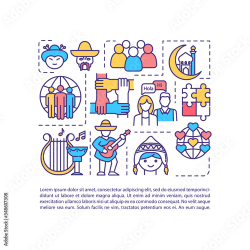 Multiculturalism concept icon with text. Multiethnic tradition. Multinational historical heritage. PPT page vector template. Brochure, magazine, booklet design element with linear illustrations © bsd studio