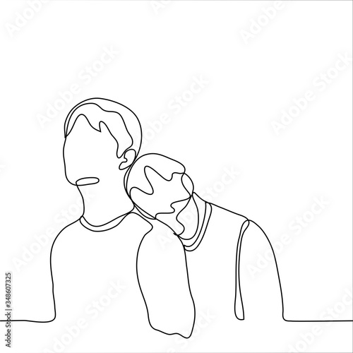 A drawing of two men, one of whom laid his head on the back of the other. The concept of psychological support, physical touch, family ties, love relationships, friendly acceptance