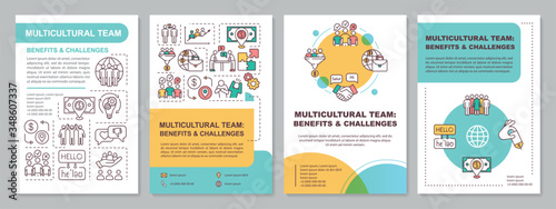 Multicultural team brochure template. Benefit and challenge. Flyer, booklet, leaflet print, cover design with linear icons. Vector layouts for magazines, annual reports, advertising posters