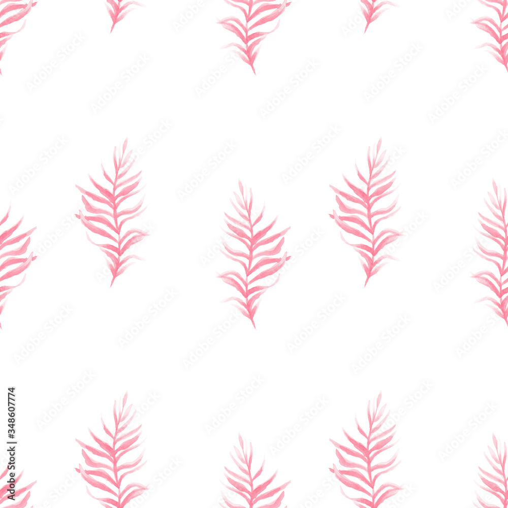 Red pink watercolor monochrome leaves isolated on white square background. Seamless watercolor pattern with a sheet of red pink watercolor with transparency on a white background. Raster hand drawn Red pink watercolor monochrome leaves isolated on white square background. Seamless watercolor pattern with a sheet of red pink watercolor with transparency on a white background. Raster hand drawn