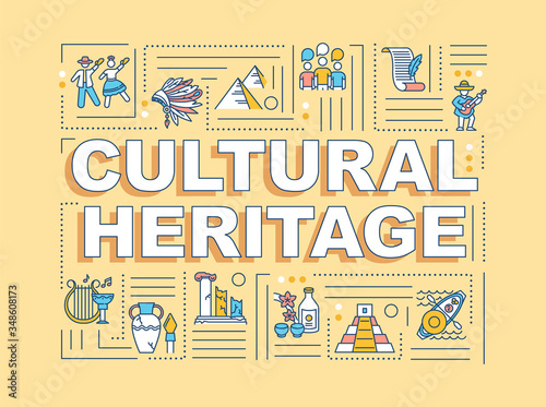 Cultural heritage word concepts banner. Historical artifact, custom tradition. Infographics with linear icons on orange background. Isolated typography. Vector outline RGB color illustration