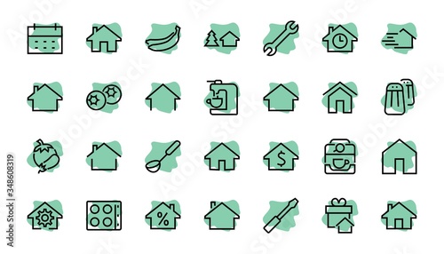 Simple set of line vector home icons. Contains house symbols at interest, infuse house and more. Editable stroke. 480x480 pixels perfect
